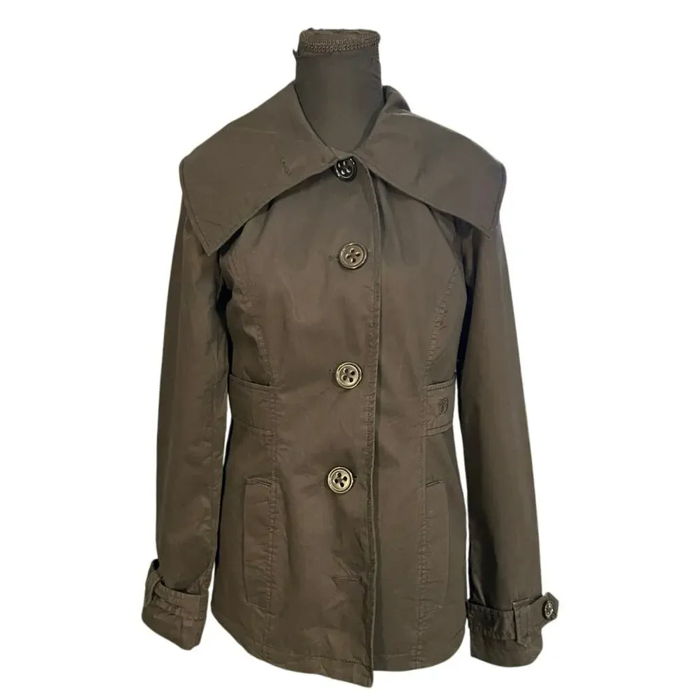 Tom Tailor Denim Cotton Trench Jacket Women’s Small Black Wide Collar Lined